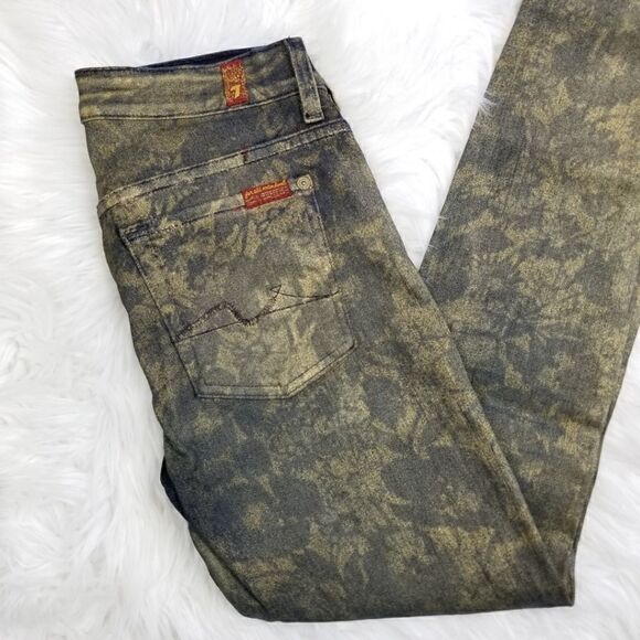 7FAM 7 For All Mankind Womens Size 27 Floral Print Skinny Jeans in Gold Metallic - Picture 7 of 7
